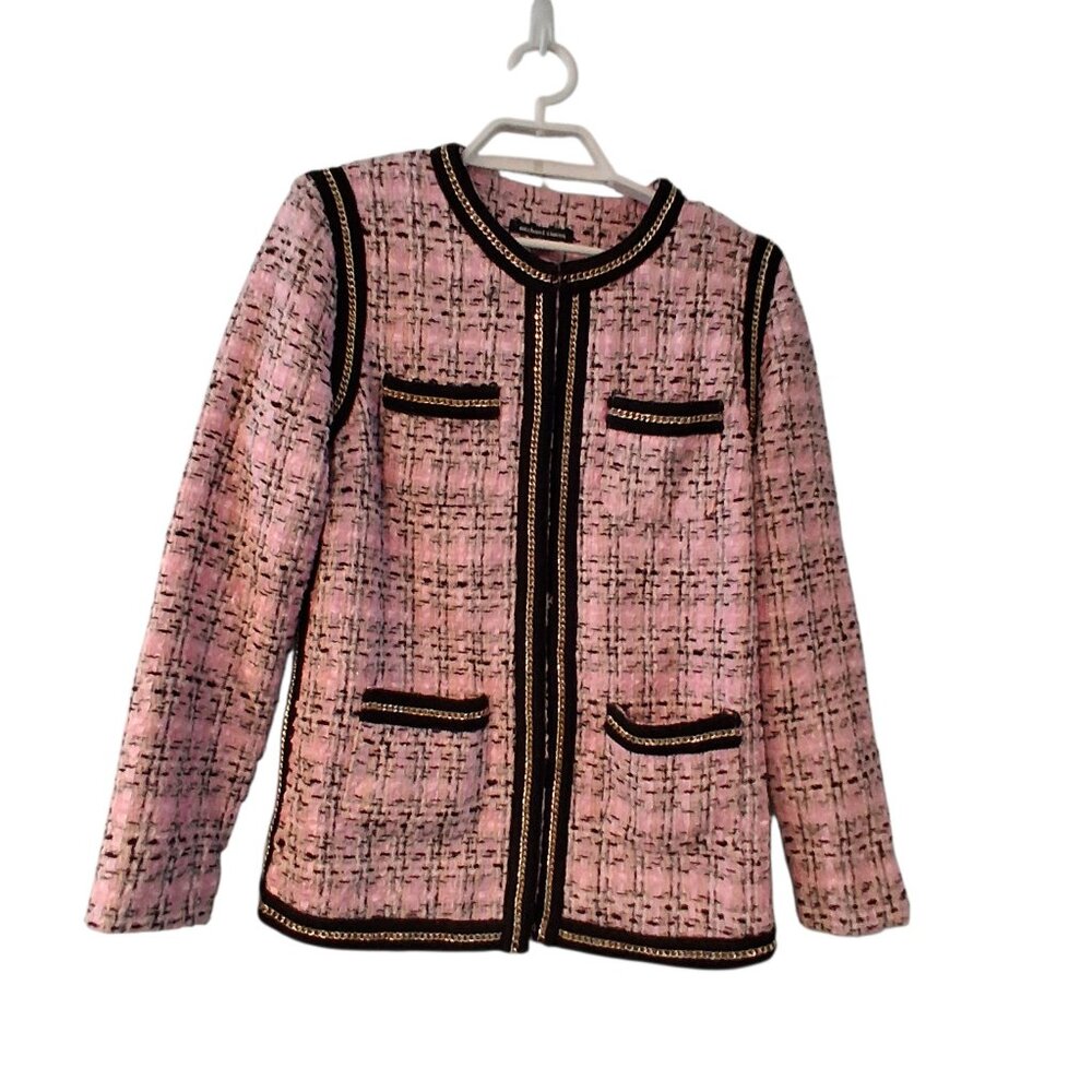 Michael Simon Blazer jacket womens Medium pink black tweed chain plaid